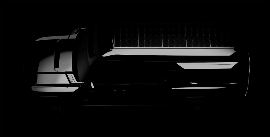 Teaser image of the new mysterious GMC Hummer EV Pickup upfitted by EarthCruiser for overlanding