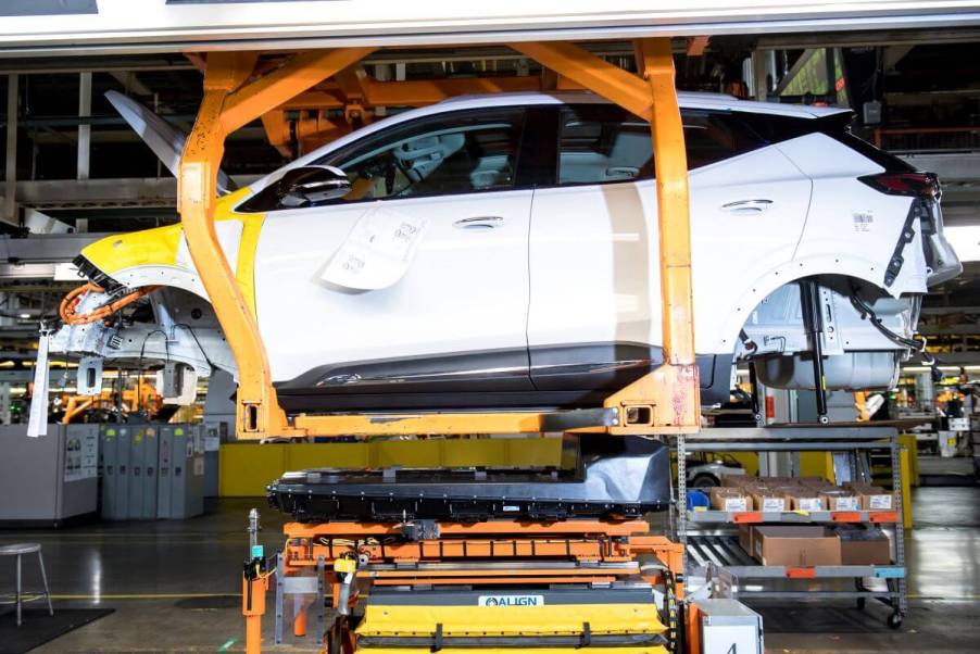 The production of a Chevrolet Bolt EUV electric vehicle at the General Motors Orion Assembly plant in Michigan. GM electric car sales are going in a positive direction