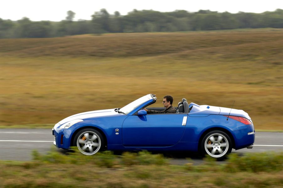 A blue Nissan 350Z convertible