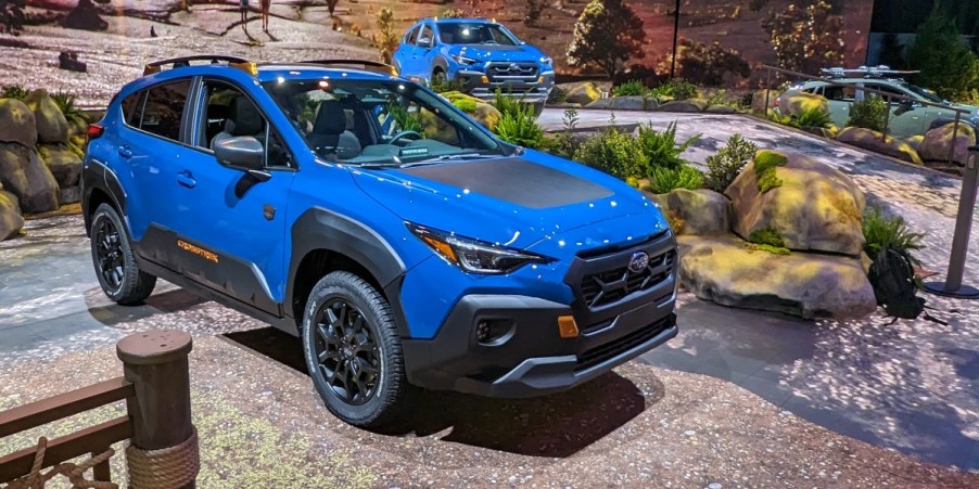 Blue 2024 Subaru Crosstrek Wilderness models at the 2023 NY Auto Show.