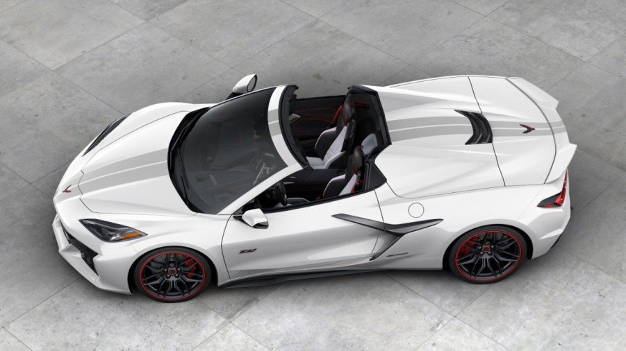 A white 70th Anniversary Chevrolet Corvette parked.