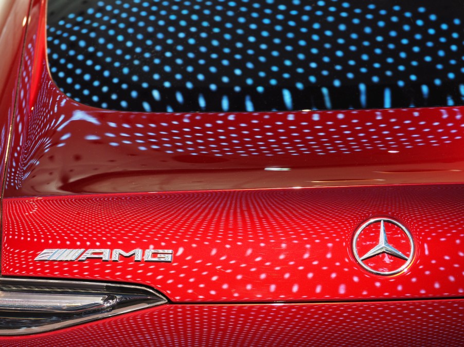 A red 2017 Mercedes-AMG GT Concept logo seen displayed at the Mercedes-Benz Museum.