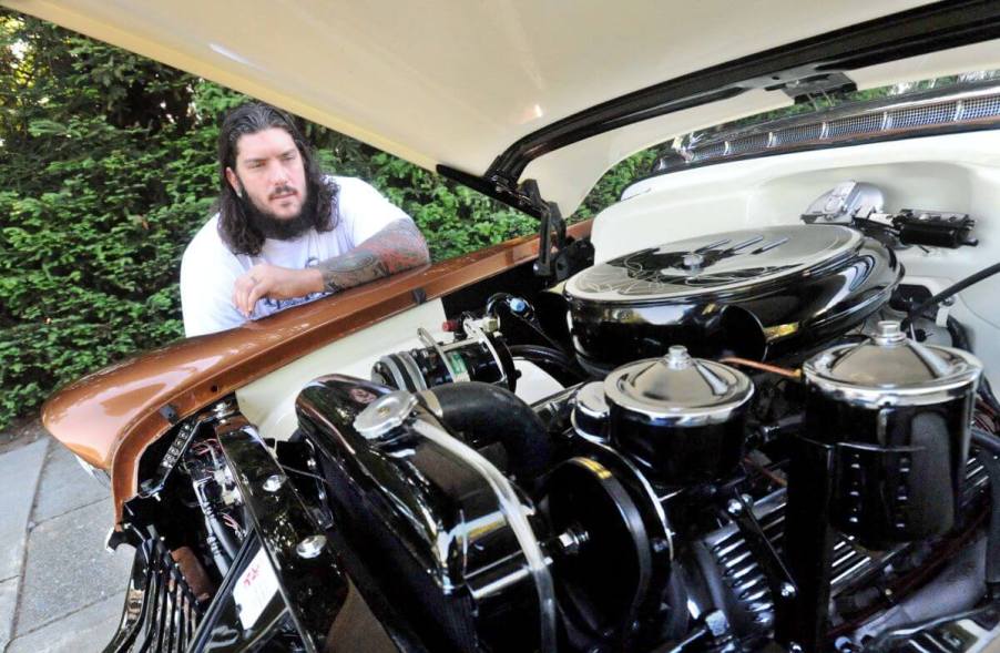 Under the hood of the Raiders' Robert Gallery's custom 1954 Cadillac Coupe DeVille luxury car in Dublin, California