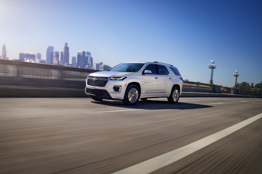 A 2023 Chevrolet Traverse driving on a highway.