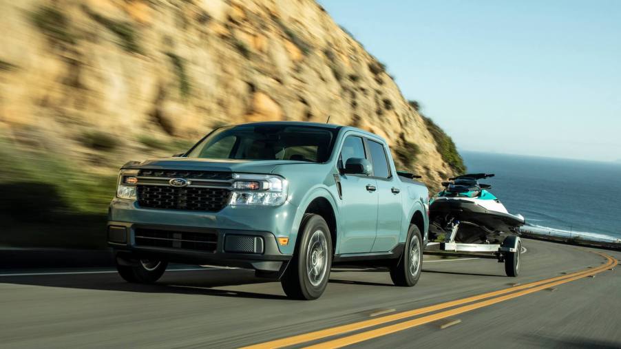 The 2023 Ford Maverick Hybrid towing a jetski