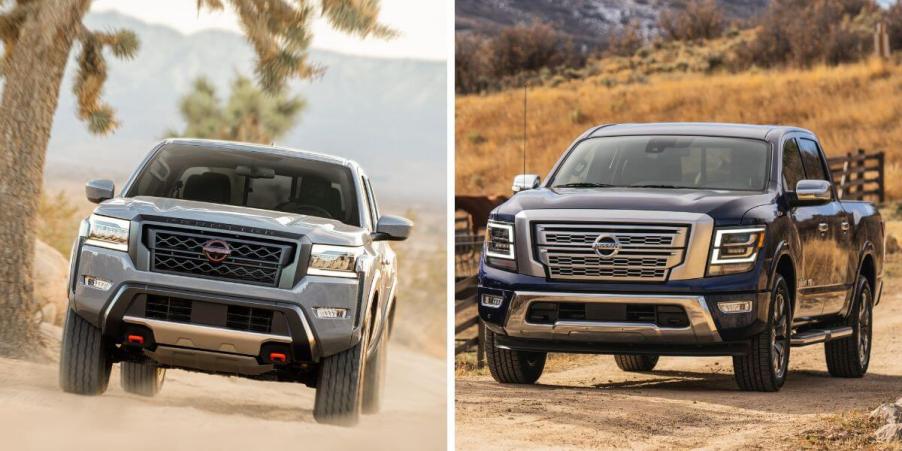 A 2023 Nissan Frontier midsize pickup truck (Left) and 2023 Nissan Titan full-size pickup truck (Right)