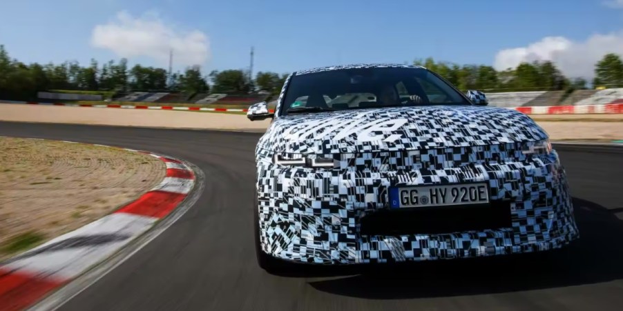 A teaser image of the 2024 Hyundai Ioniq 5 N small electric SUV on a track.