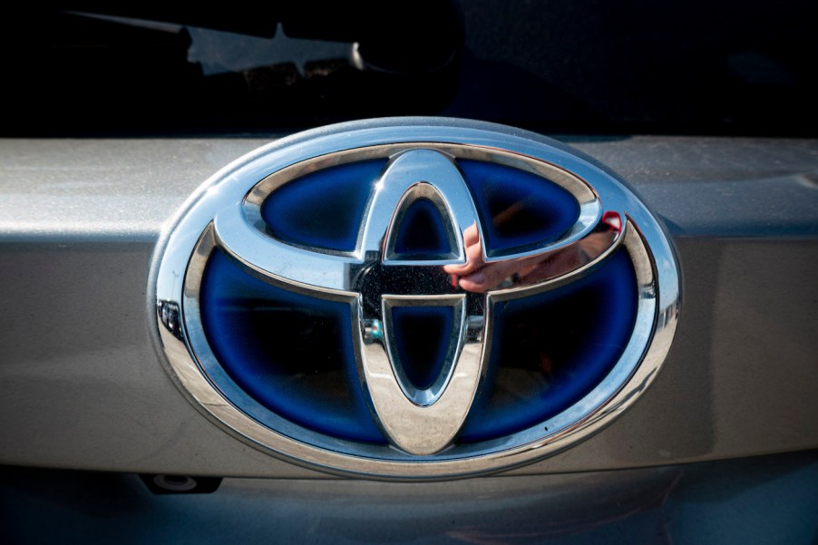 A Toyota logo. Toyota sales are trending on the way down.