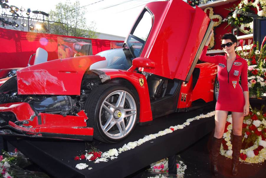 A wrecked Ferrari F40 at wake for the car.