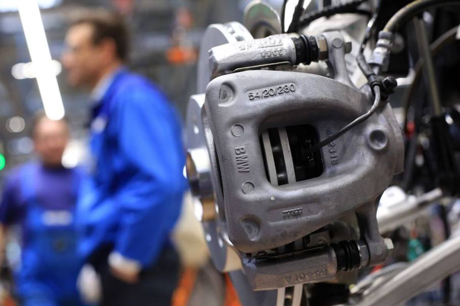 A front brake caliper on the assembly line for the production of the BMW i3 EV in Leipzig, Germany