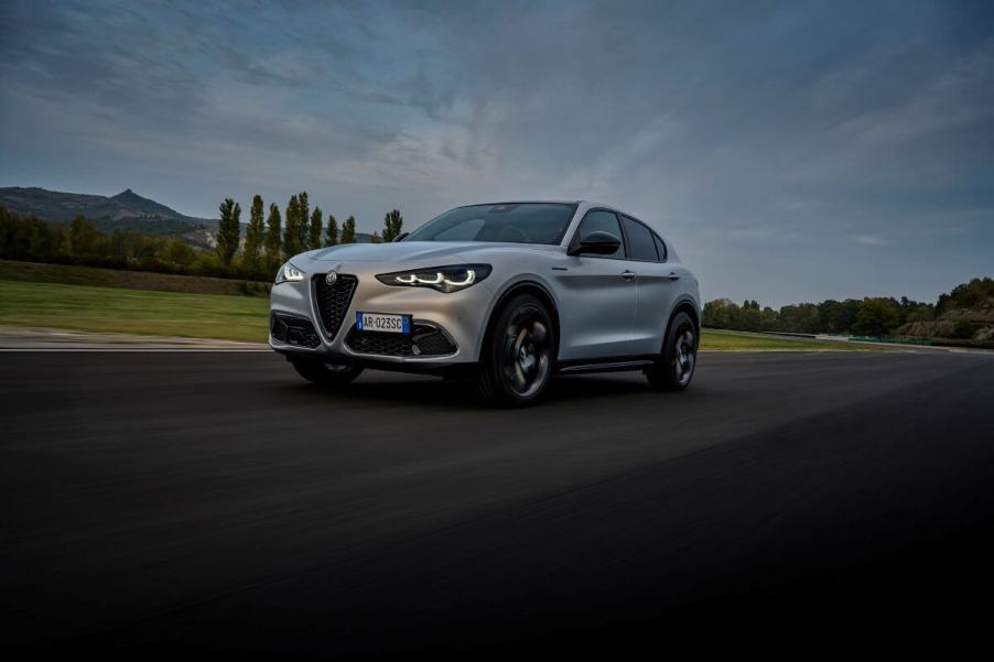 A 2024 Alfa Romeo Stelvio Competizione five-door luxury SUV European model in Moonlight Gray Matte