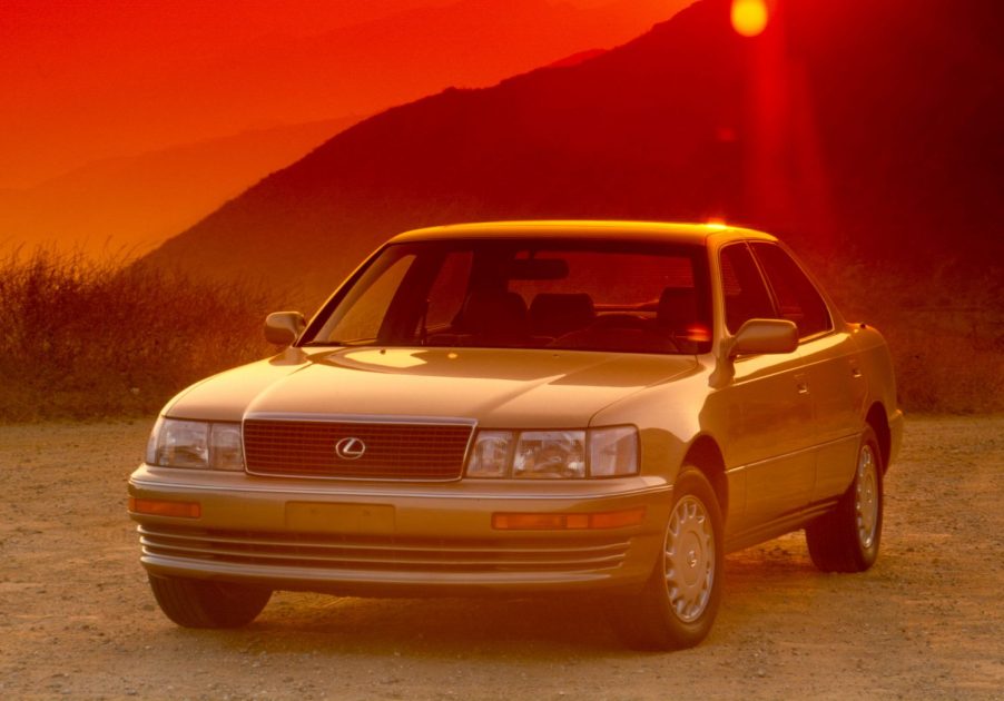 A Lexus LS400 on display at sunset.