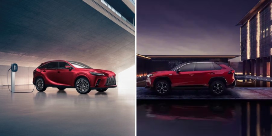 A red 2024 Lexus RX 450h+ (L), a red 2023 Toyota RAV4 Prime (R).