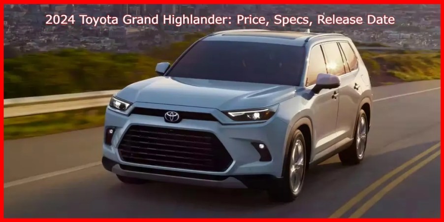 A white 2024 Toyota Grand Highlander midsize SUV is driving on the road.