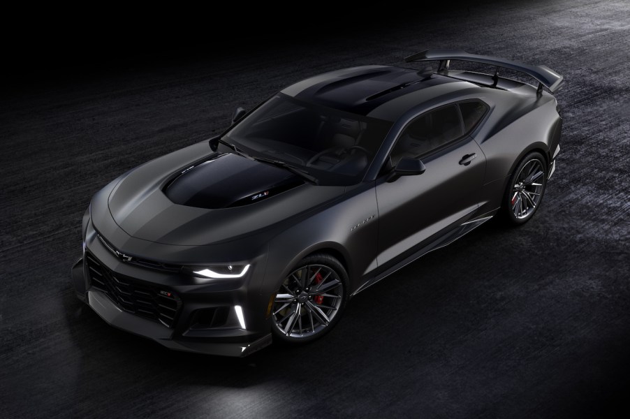 Overhead front 3/4 view of 2024 Chevrolet Camaro ZL1 Collector’s Edition in Panther Black Matte. 2023 Chevy Camaro trims are available in that paint color.