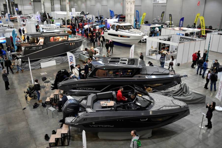 Boats on display at a boat show.