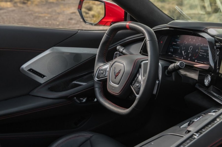 A 2023 Chevrolet Corvette Stingray C8 shows off its controversial squared-off steering wheel.