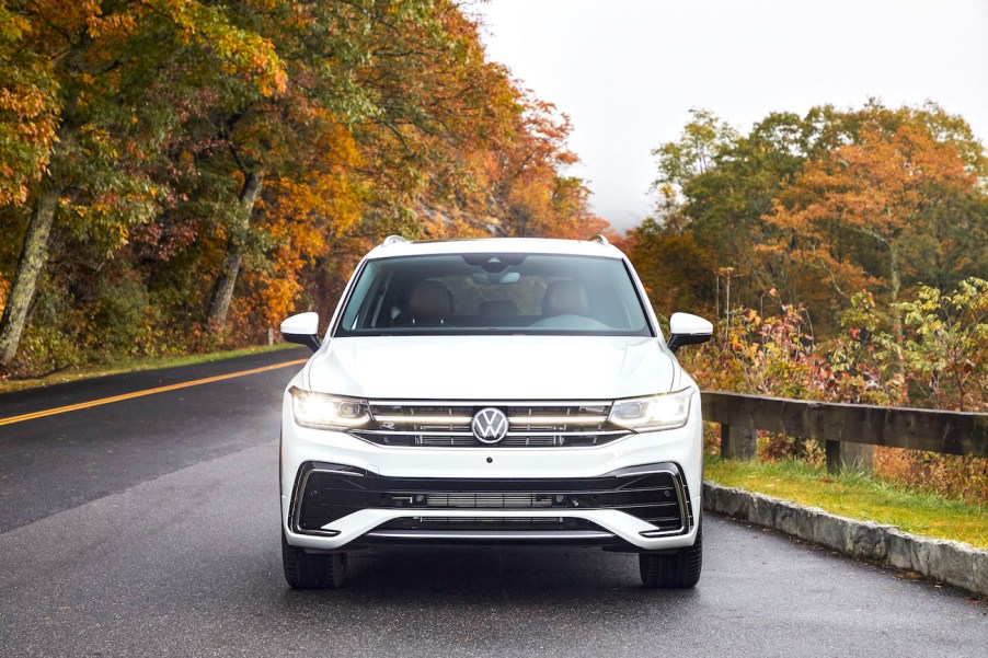 The front grille of a white Volkswagen Tiguan, one of the most popular Volkswagen models available.