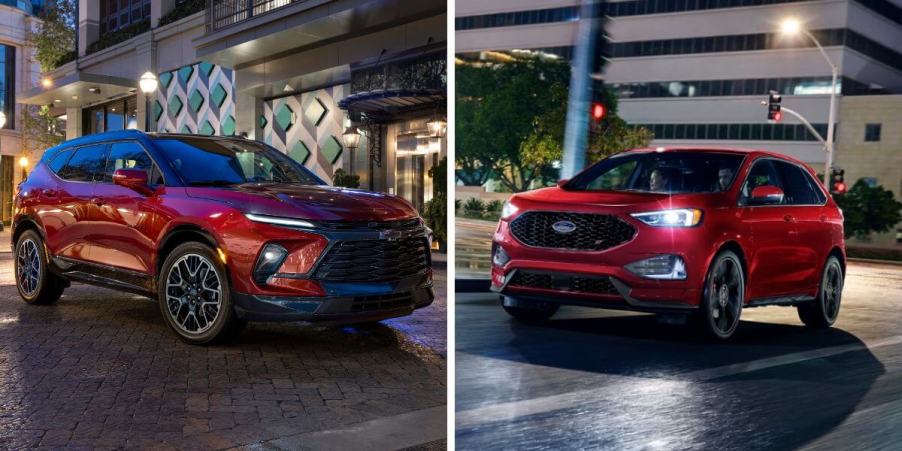 Red paint color options of the Chevy Blazer RS (L) and Ford Edge ST (R) performance trim midsize SUVs