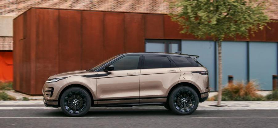 An exterior side profile of a 2024 Land Rover Range Rover Evoque subcompact luxury SUV model