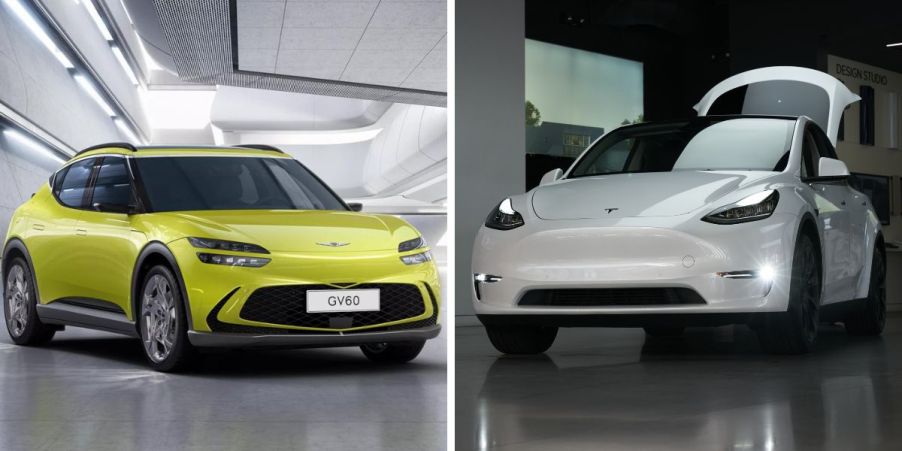 The Genesis GV60 (L) and Tesla Model Y (R) compact all-electric (EV) SUV models