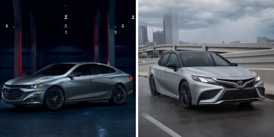 The 2024 Chevy Malibu (L) and 2024 Toyota Camry (R) midsize sedan models