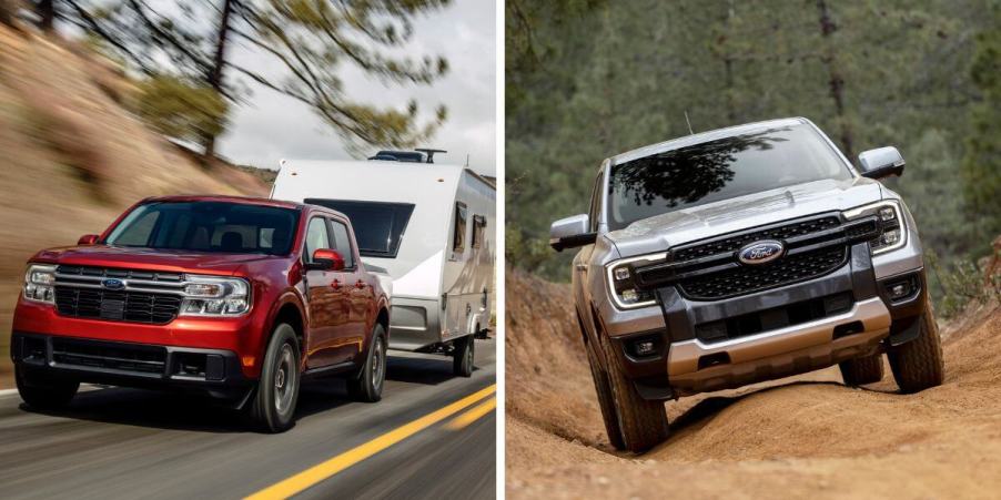 The 2022 Ford Maverick EcoBoost AWD Lariat compact truck (L) and 2024 Ford Ranger Lariat midsize truck models