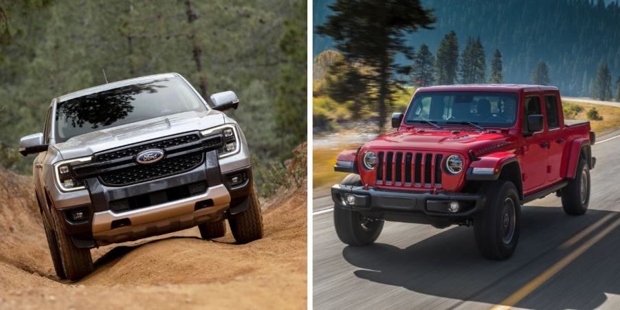 The 2024 Ford Ranger Lariat (L) and 2023 Jeep Gladiator Rubicon (R) midsize pickup truck models