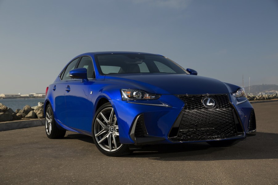 A front corner view of a blue 2018 Lexus IS 350