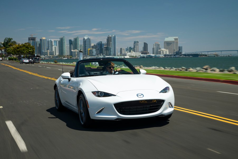 A front view of a 2023 Mazda MX-5 Miata driving