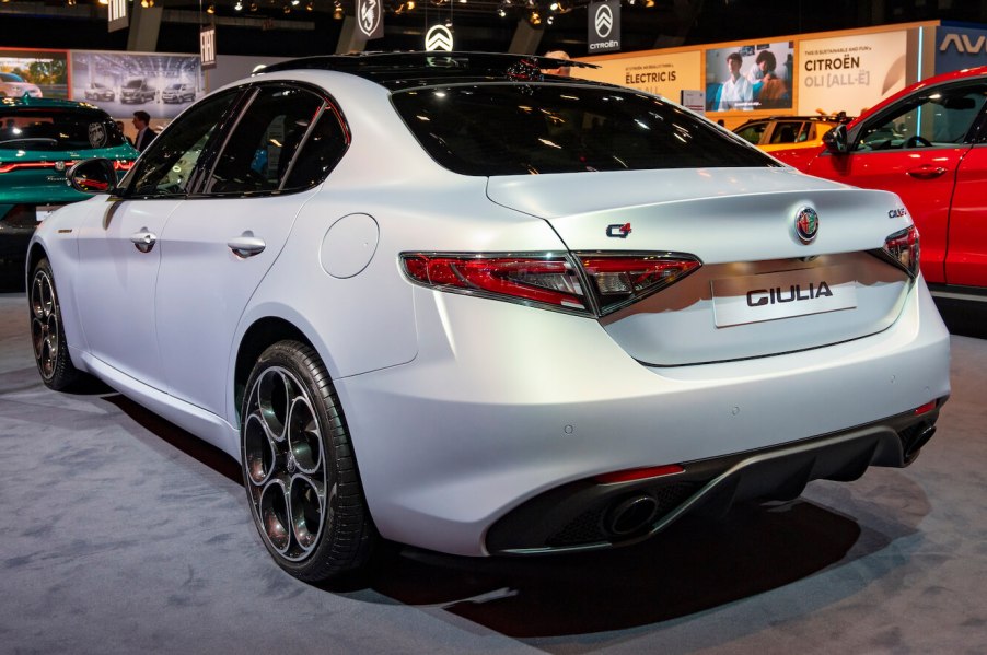 A white Alfa Romeo Giulia at Brussels Expo. Alfa Romeo sales are sliding in the U.S.