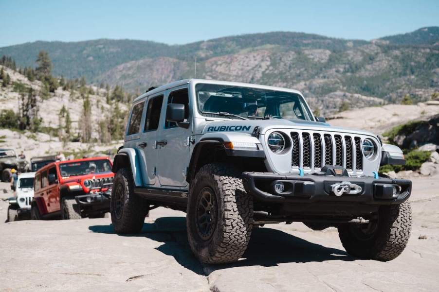 Three Jeep Wrangler SUVs on the Rubicon Trail in 2023