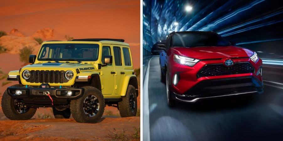 The 2024 Jeep Wrangler 4xe Rubicon X (L) and 2023 Toyota RAV4 Prime XSE (R) plug-in hybrid SUV models