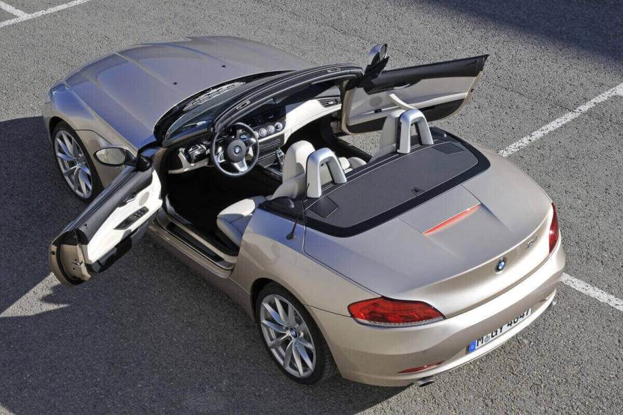 A gold 2009 BMW Z4 Convertible roadster shows off its drop top and interior.