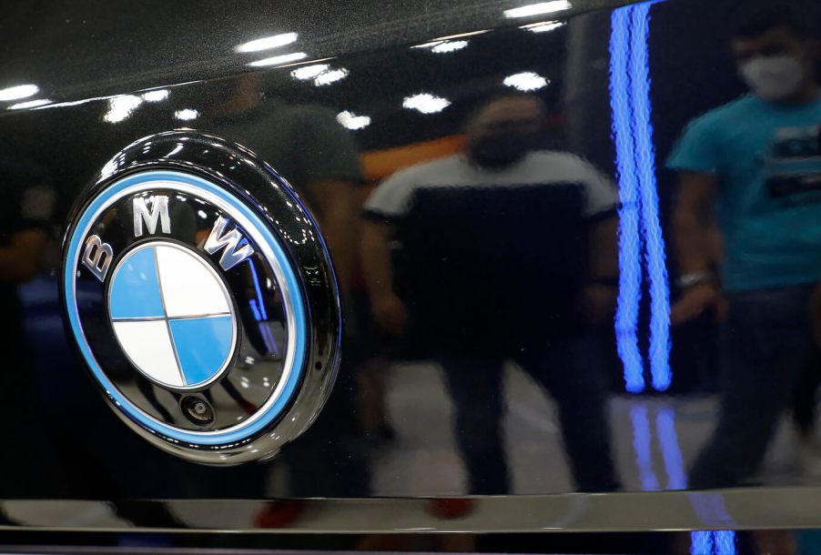 The BMW logo on the front of a model at Automobile Barcelona 2021. The BMW X8 hasn't been officially unveiled yet.