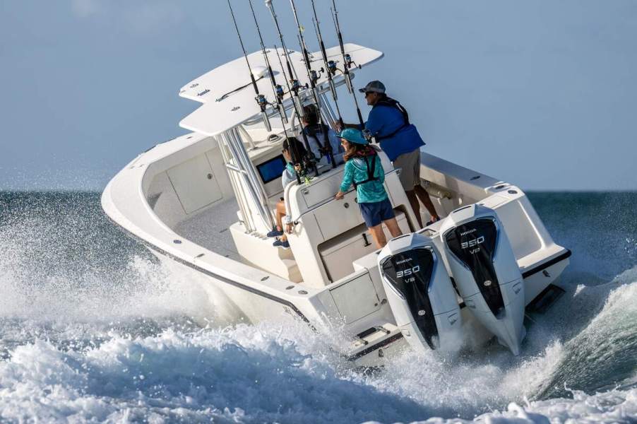 Two Honda BF350 V8 outboard motors on a SeaVee boat