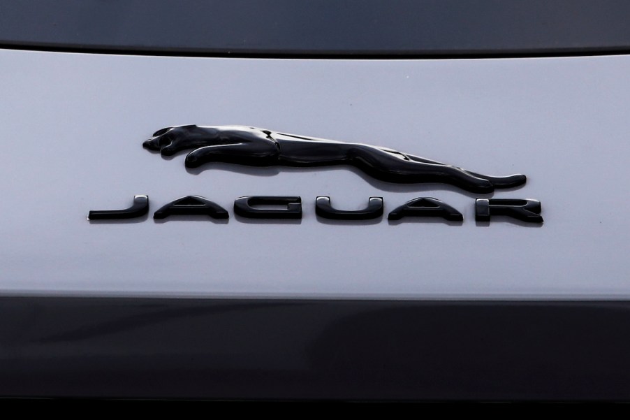 Jaguar logo is seen on the car during Gran Turismo Polonia. Jaguar sales are abysmal.