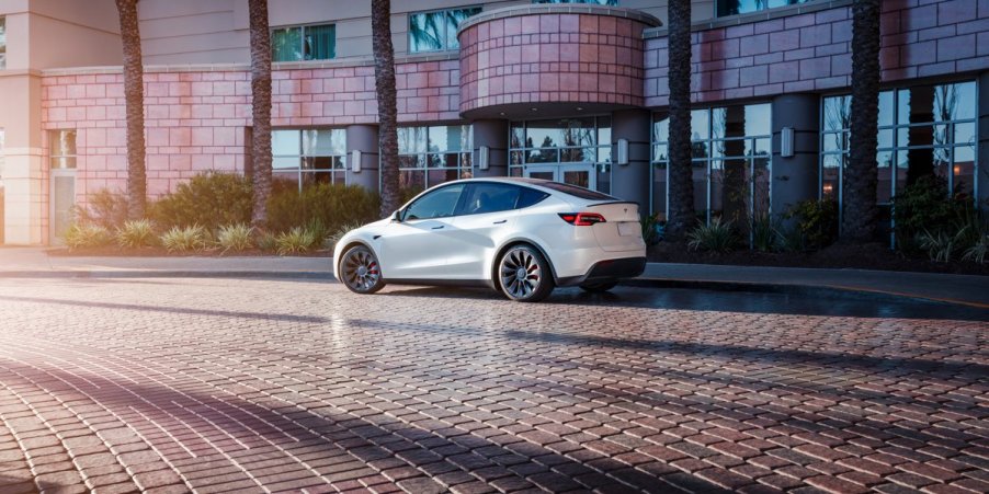 A white Tesla Model Y small electric SUV is parked on the street.