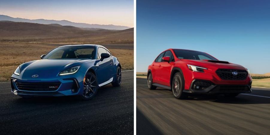 The 2024 model years of the Subaru BRZ coupe (L) and Subaru WRX sedan (R) sports car models