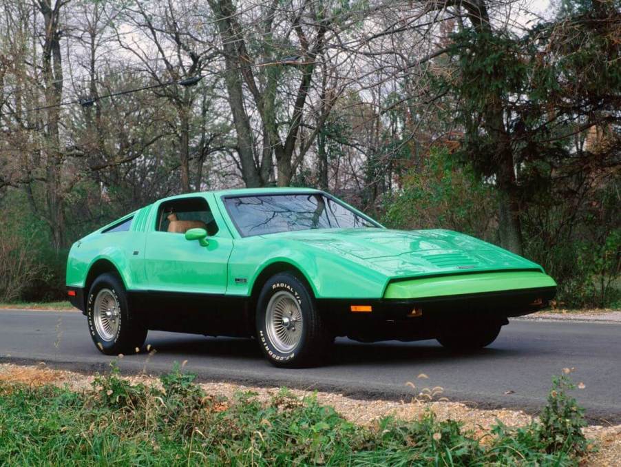 A 1975 Bricklin SV-1 sports car coupe model with gull-wing doors