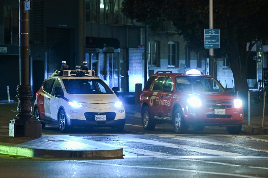 Self-driving autonomous taxi parked on the streets of San Francisco.