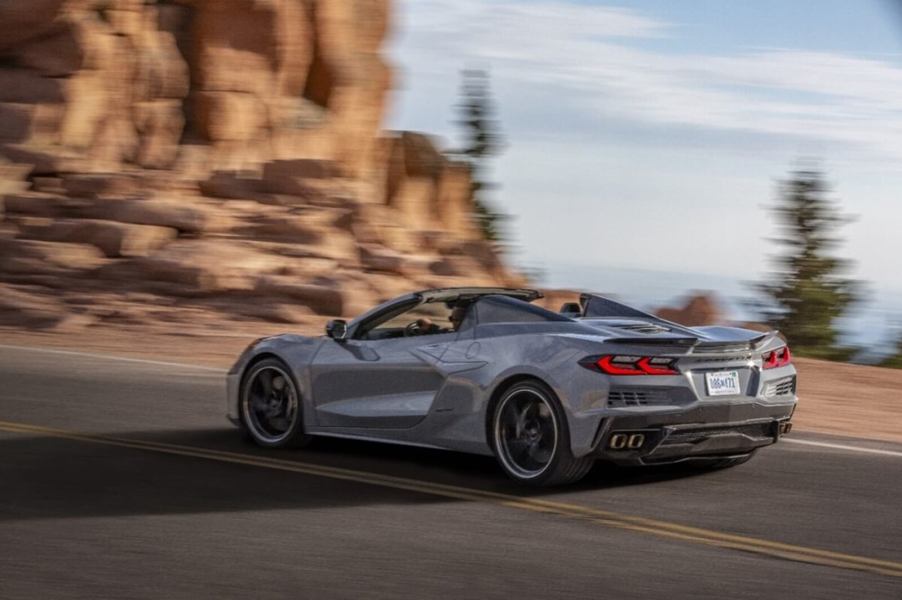 A gray 2024 Corvette E-Ray 3LZ on a coastal road.