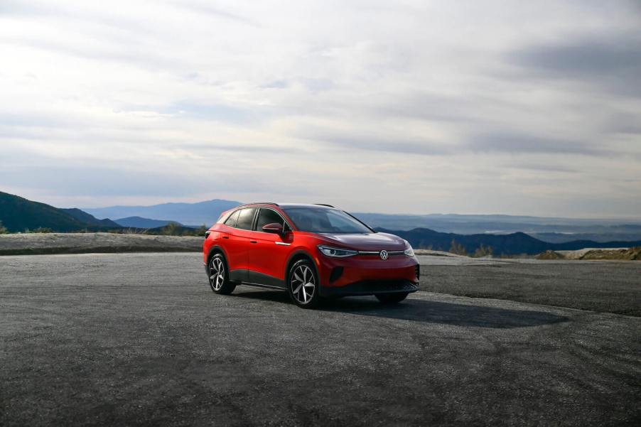 A bright-red 2024 Volkswagen ID.4, like the one in the movie 'Godzilla x Kong: The New Empire'.