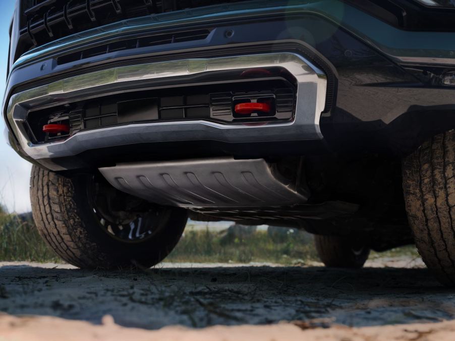 The tow hooks and skidplate beneath a 2025 Chevrolet SUV