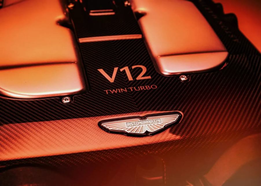 A twin-turbocharged V12 engine in an Aston Martin as a teaser image.