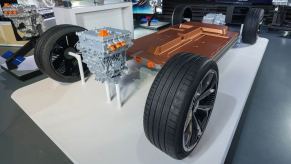 An Ultium platform, the underpinnings of the upcoming Chevrolet Camaro EV, on display.