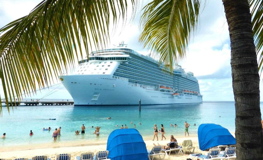 A white passenger cruise ship is anchored at a tropical beach with a palm tree framing the view of the ship people walking on the beach