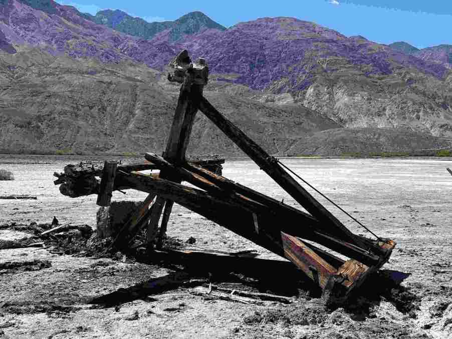 The damaged Salt Tram Tower #1, toppled over from what appears to be a winch used to haul a stuck vehicle