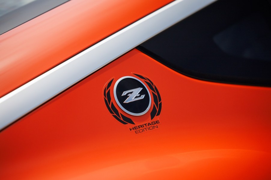 The Z Heritage Edition badge on the rear quarter of a Nissan Z coupe