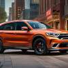 An orange Dodge Stealth crossover SUV render, parked on a city street.